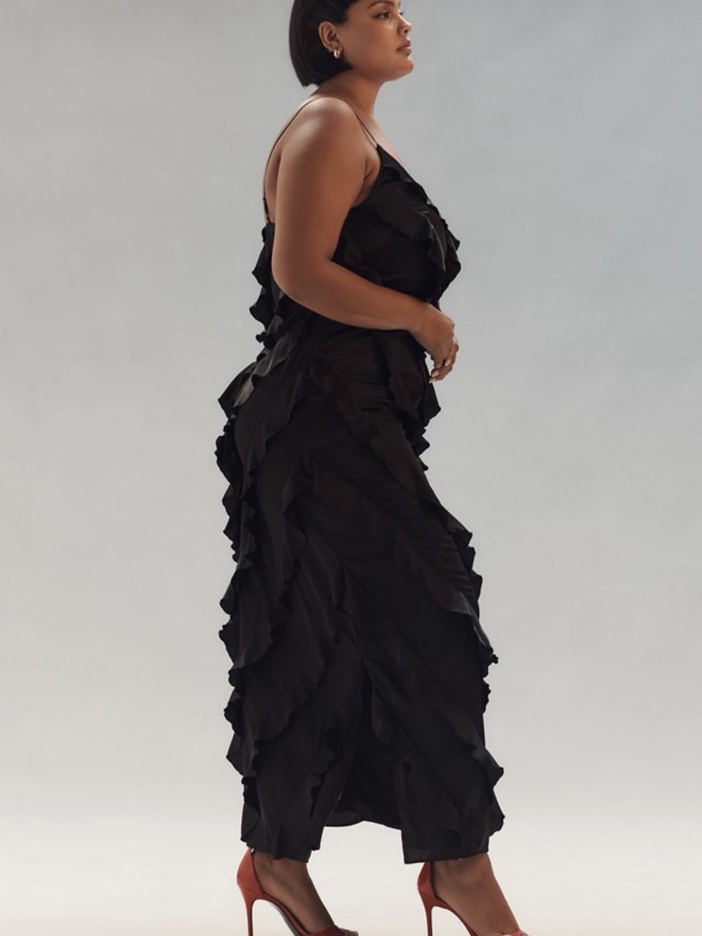 Anthropologie Bias-Cut Ruffled Midi Dress Black Size L NWT $198